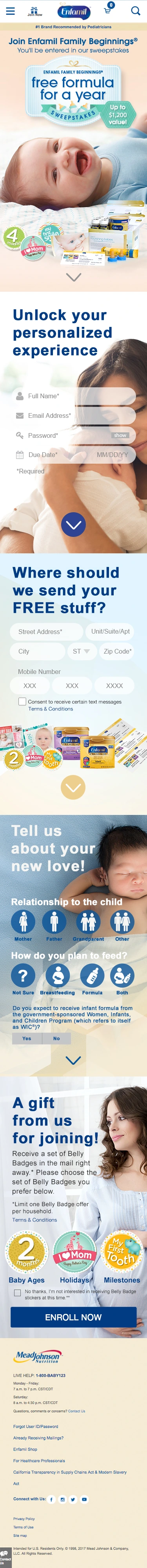 Full-length Enfamil enrollment design from the welcome section through account information, address, family profile, and enrollment preferences