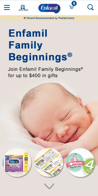 Enrollment introduction with a parent-and-baby photograph and program benefits