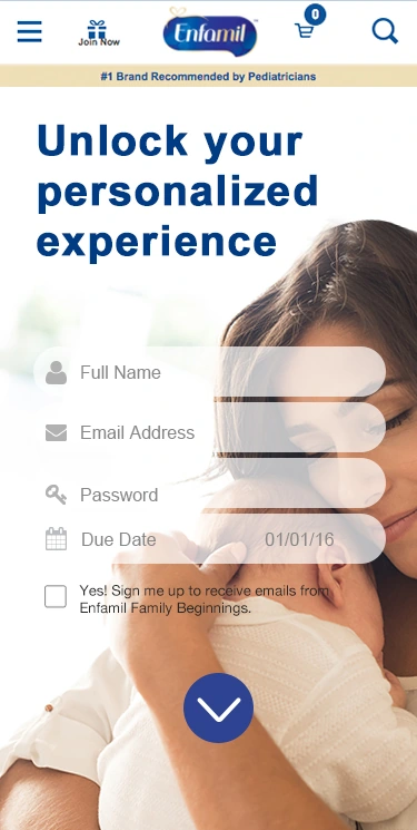 Account form showing name, email, password, due date, and an email opt-in