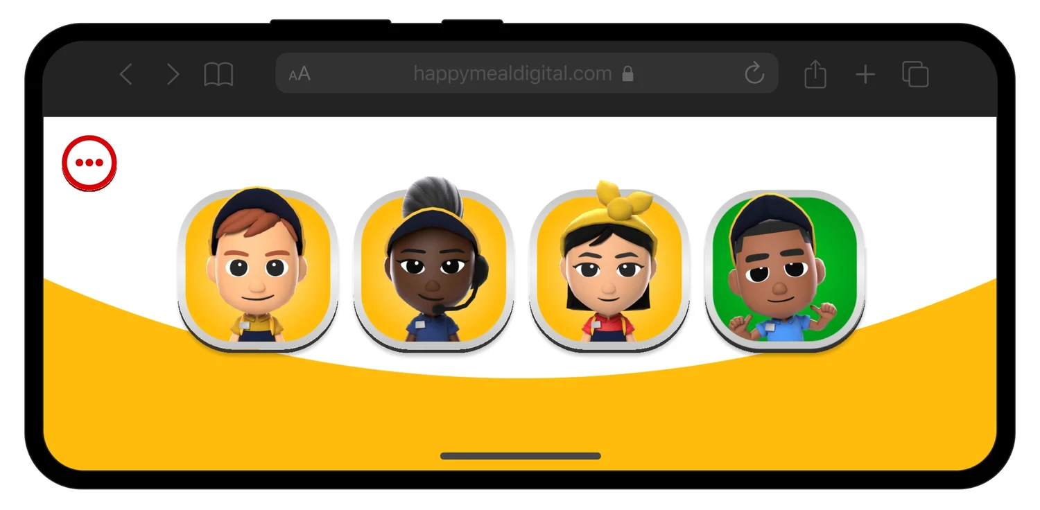 Execution-stage mobile character selection with four expressive 3D McDonald's crew avatars