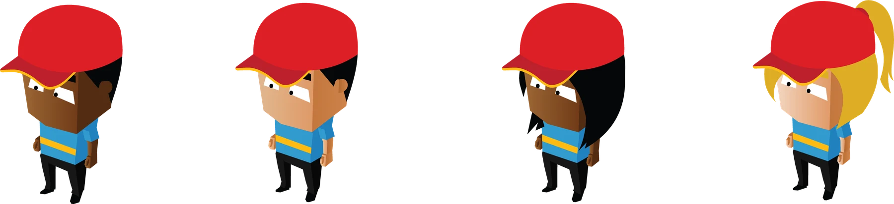 Four early crew avatar concepts in red caps and blue uniforms
