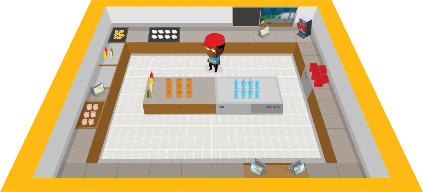 Early concept team's isometric McDonald's kitchen with crew members and food preparation stations