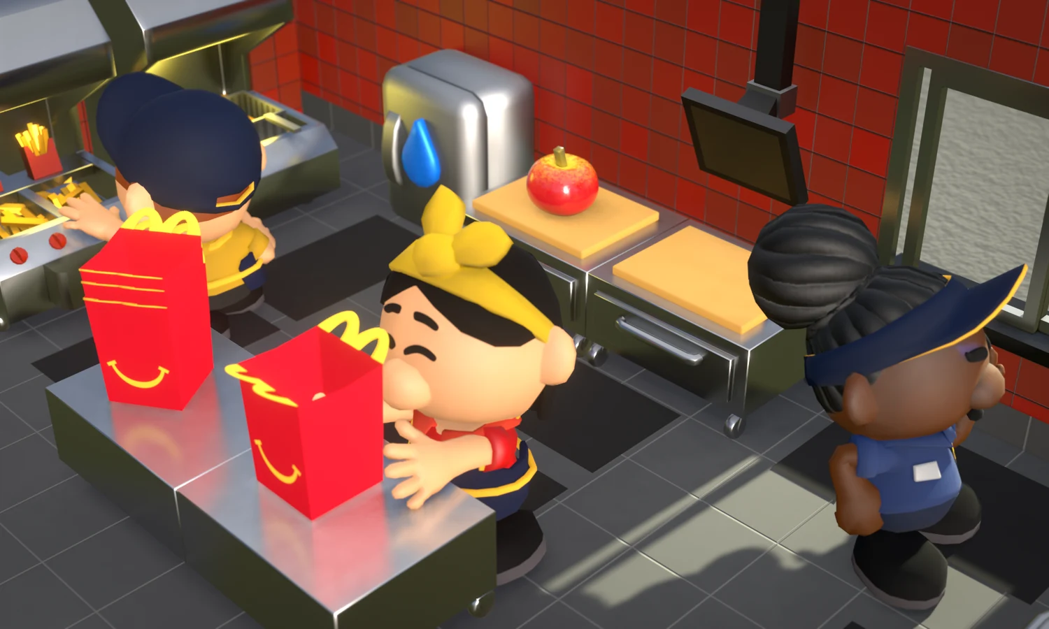 The execution team's 3D Lil McDonald's crew preparing Happy Meal boxes in a miniature kitchen