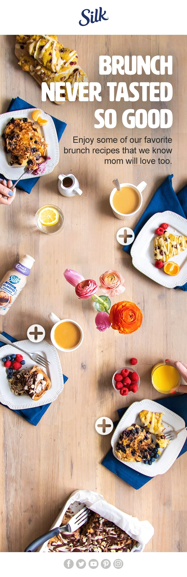 Silk brunch email with an overhead table setting, food, and animated recipe details