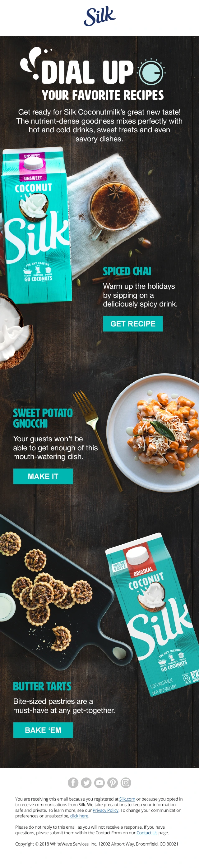 Silk holiday email featuring coconutmilk recipes on a dark background