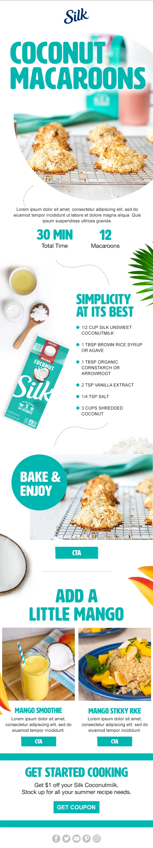 Silk summer email featuring coconut macaroons, recipe steps, and mango ideas